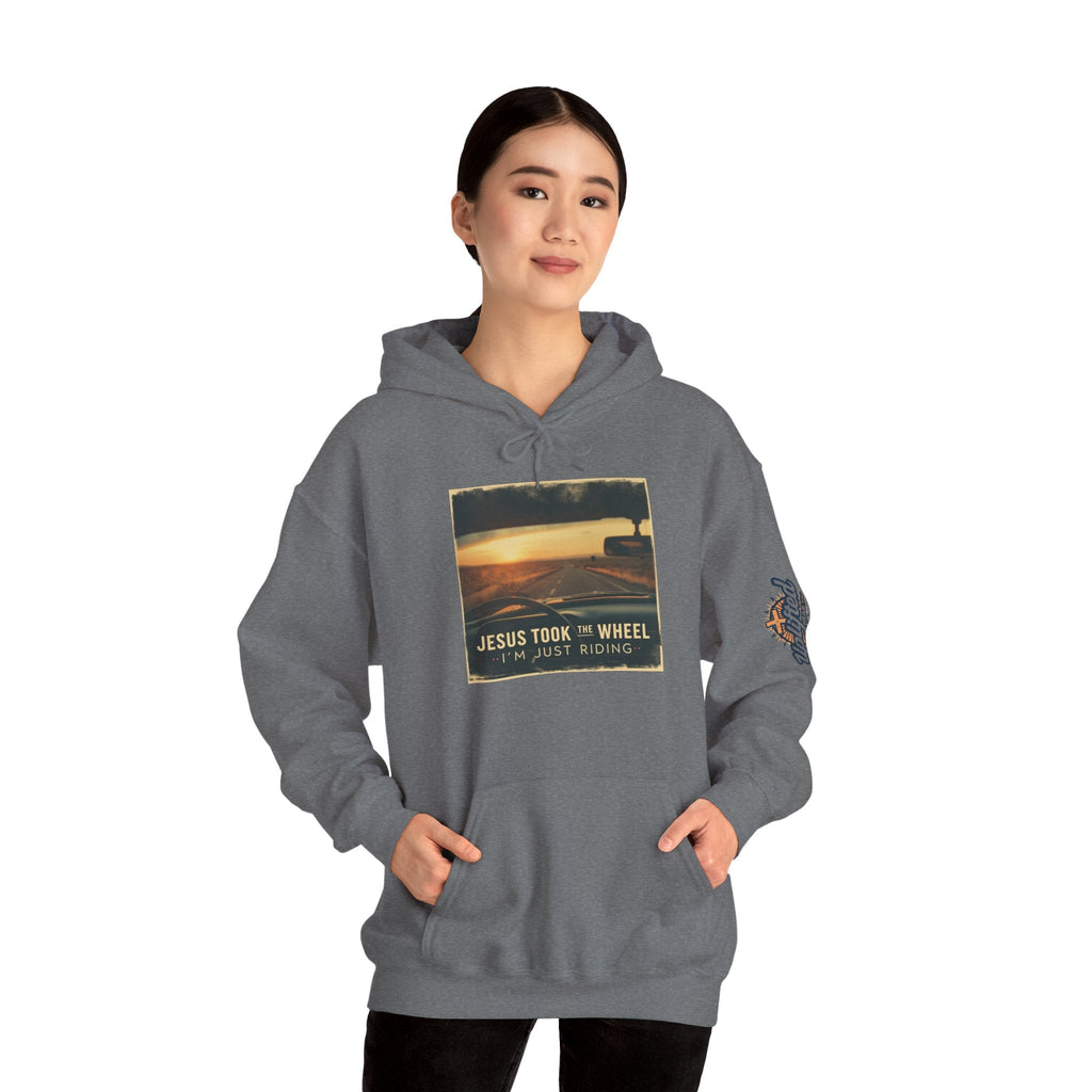 Jesus Took the Wheel I'm Just Riding Hoodie – Funny Christian Convertible Car Sweatshirt for Surrendered Faith & Humor Printify