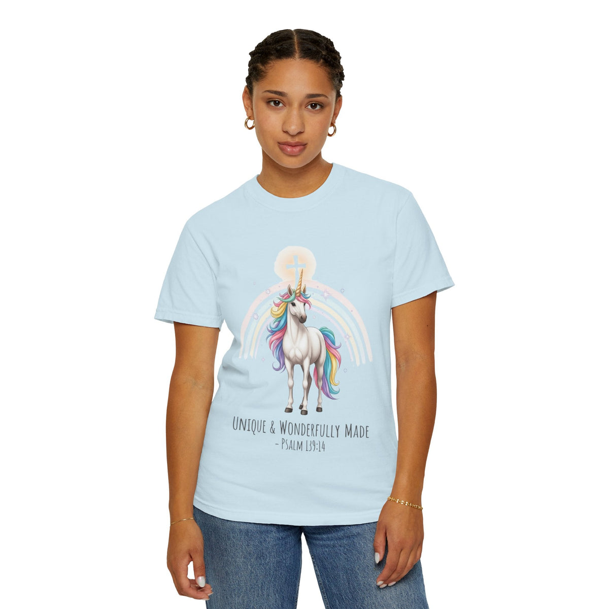 Unique Unicorn Christian T-Shirt – Wonderfully Made with Rainbow Cross & Psalm 139:14 Printify