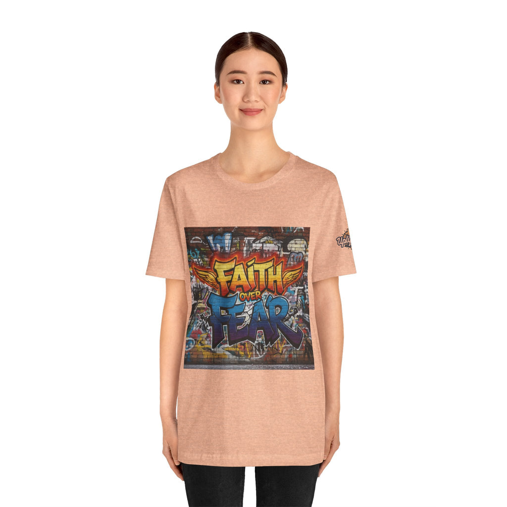 Faith Over Fear T-shirt – Graffiti Wall Christian T-shirt for Bold 2 Corinthians 5:7 Streetwear & Unshakable Faith Printify