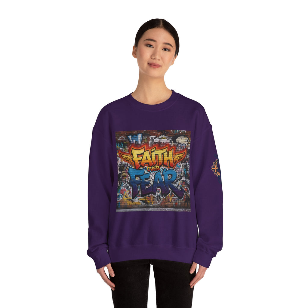 Faith Over Fear Sweatshirt – Graffiti Wall Christian Sweatshirt for Bold 2 Corinthians 5:7 Streetwear & Unshakable Faith Printify