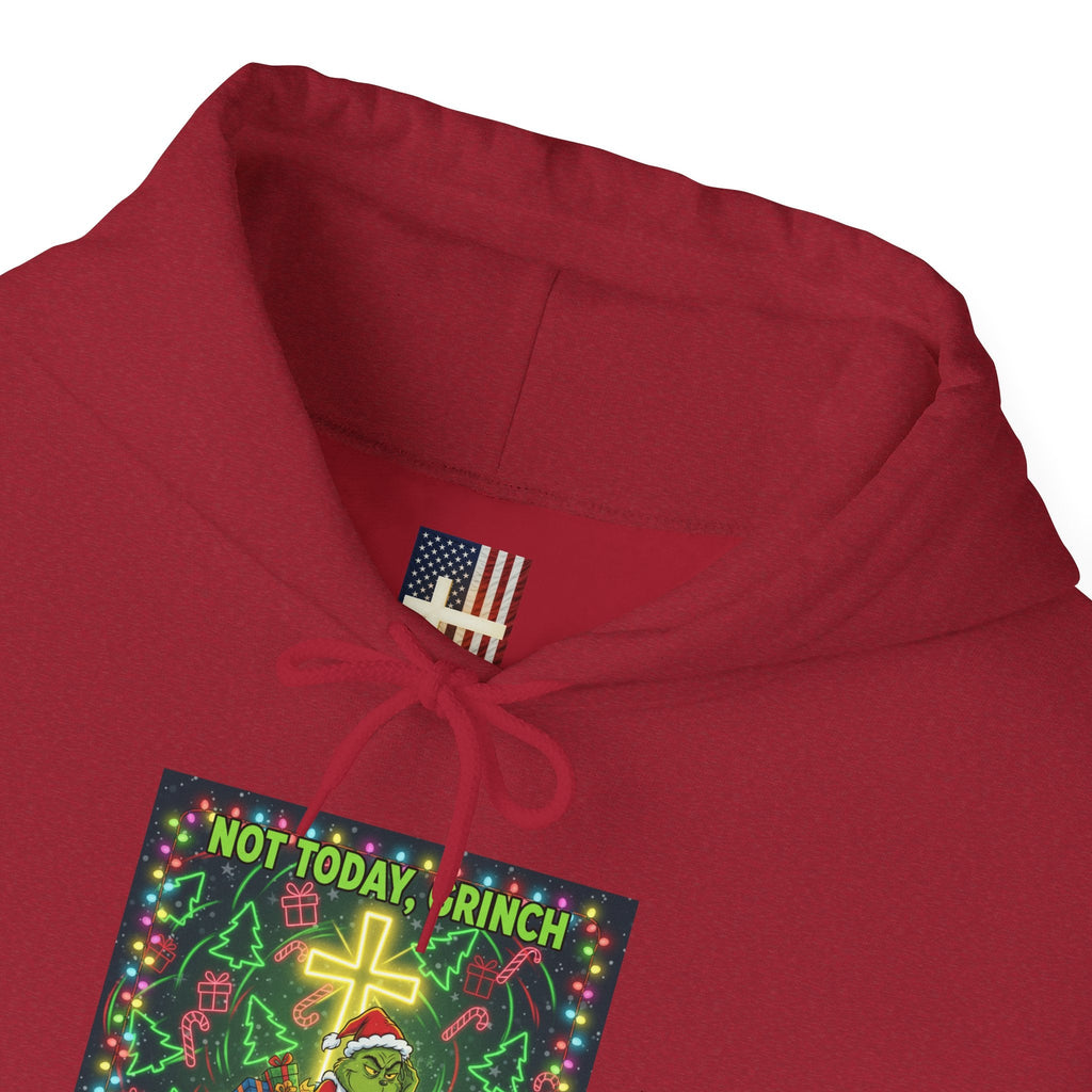 🎄 Not Today, Grinch – Jesus Saves | Funny Christian Christmas Hoodie | Festive Green & Red Cartoon Style | Bold Faith Holiday Tee by Uplifted Gear Printify