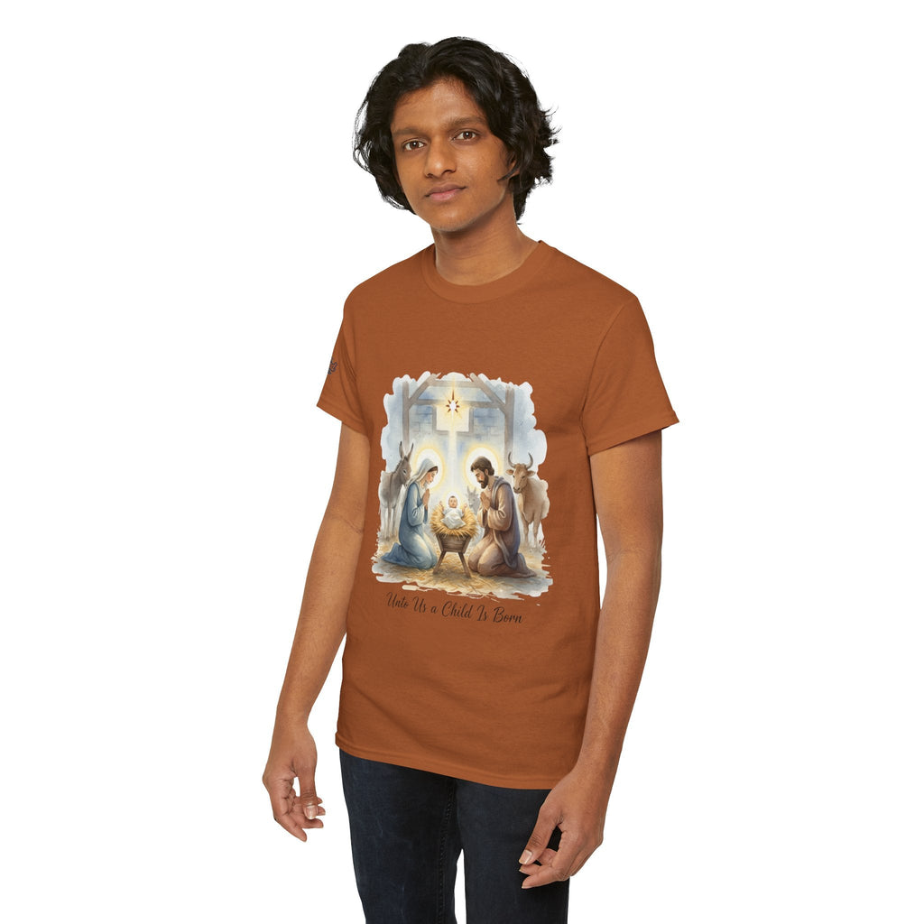 Unto Us a Child is Born T-shirt – Isaiah 9:6 Nativity Manger Scene Christian Christmas T-shirt for Holy Night Faith Printify