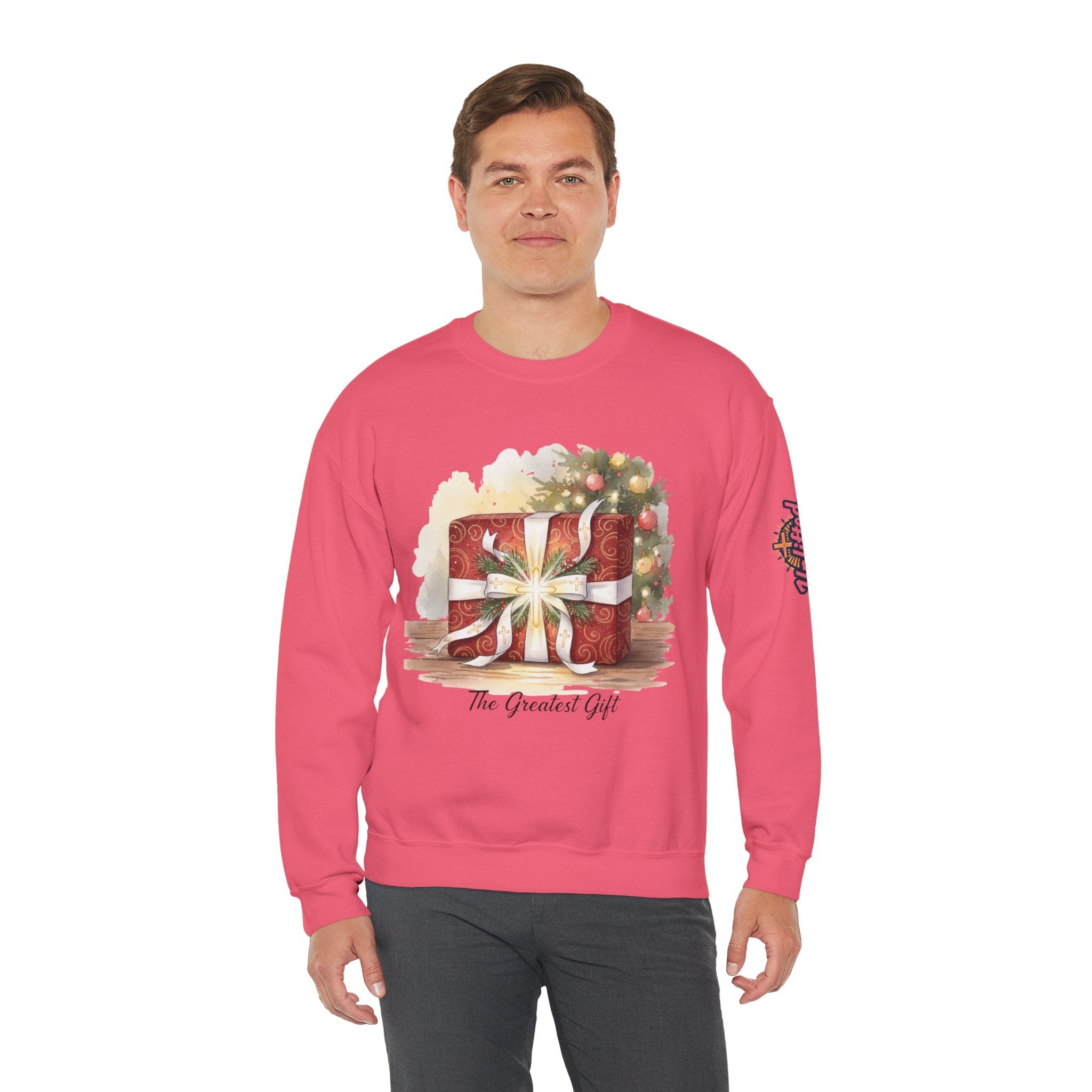 The Greatest Gift Sweatshirt – Cross Bow Present Christian Sweatshirt for Christmas Salvation & Eternal Faith Printify