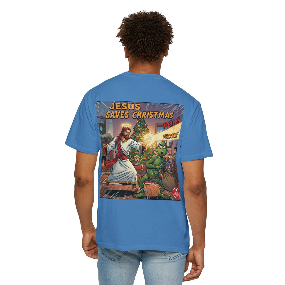 Jesus Saves Christmas T-shirt – Grinch vs Savior Light Battle Christian T-shirt for Hilarious Holiday Faith & True Joy Printify