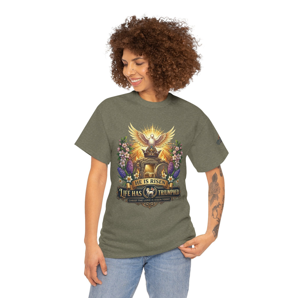 He Is Risen "Life Has Triumphed" T-Shirt — Easter Resurrection Christian Tee Printify