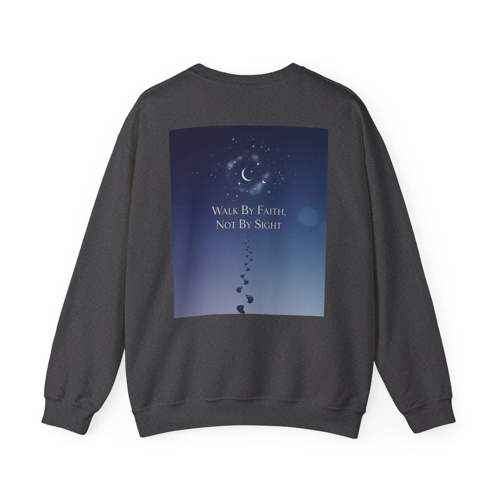 Walk by Faith, Not by Sight Sweatshirt – Moonlit Footprints Christian Sweatshirt for Cozy Nights Printify