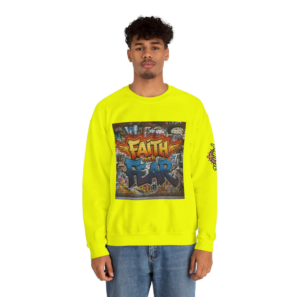 Faith Over Fear Sweatshirt – Graffiti Wall Christian Sweatshirt for Bold 2 Corinthians 5:7 Streetwear & Unshakable Faith Printify