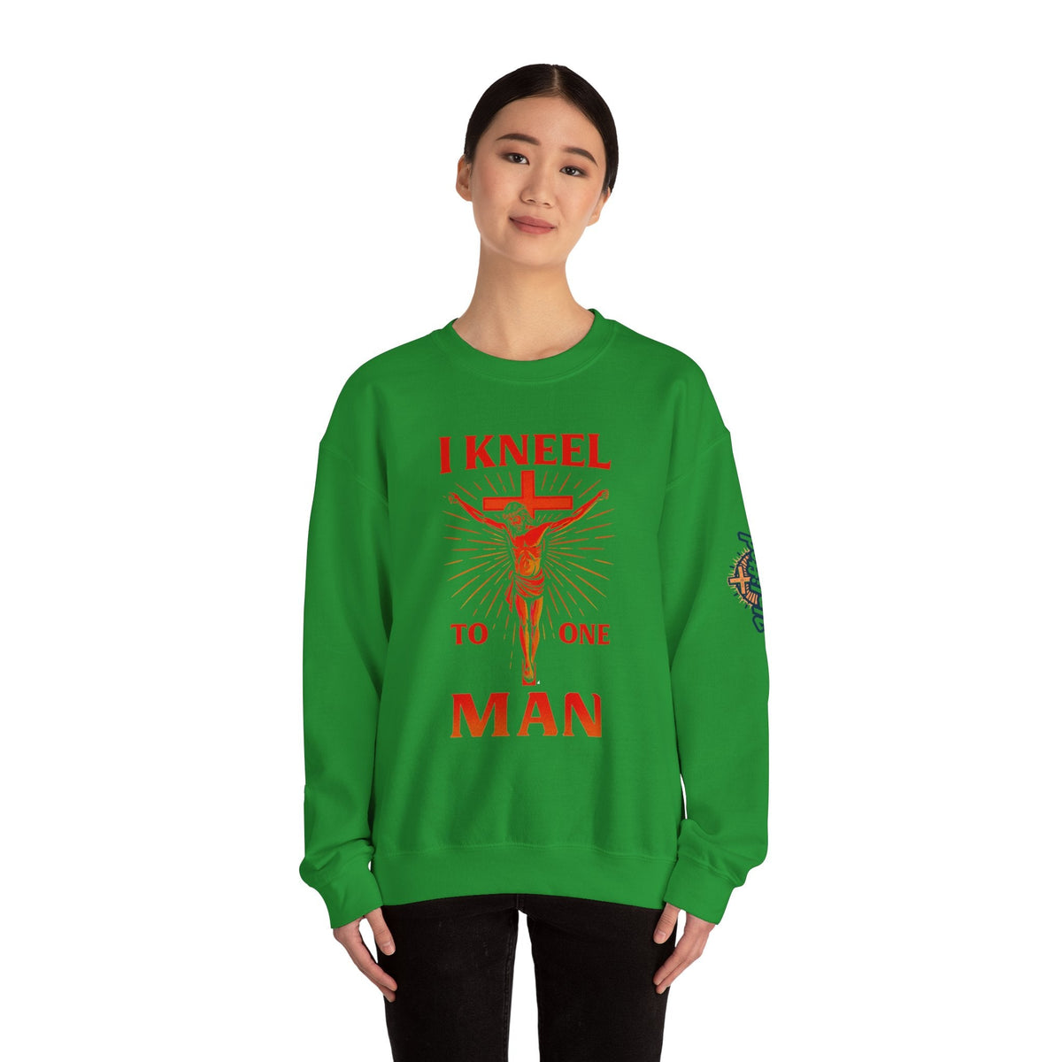 I Kneel to One Man Sweatshirt – Crucifixion Christian Sweatshirt for Unashamed Devotion & Bold Faith Printify