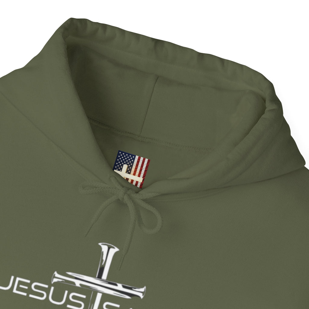 Jesus Saves Hoodie – 3 Nails Crucifix Cross Christian Sweatshirt for Redemption Faith & Bold Salvation Printify