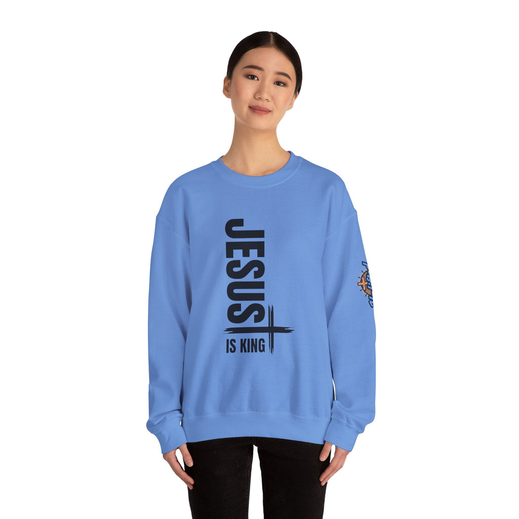 Jesus Is King Sweatshirt | Modern Typographic Cross Christian Sweatshirt Printify