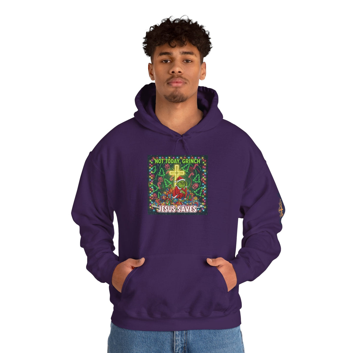 🎄 Not Today, Grinch – Jesus Saves | Funny Christian Christmas Hoodie | Festive Green & Red Cartoon Style | Bold Faith Holiday Tee by Uplifted Gear Printify