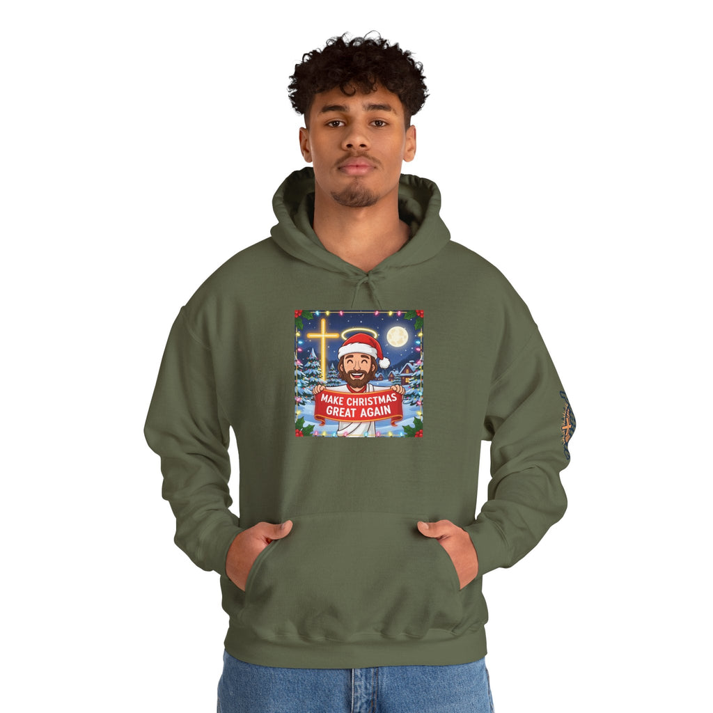 🎄 Make Christmas Great Again – Funny Christian Hoodie | Jesus Holding Banner | Faith-Based Holiday Parody Tee | Uplifted Gear Printify