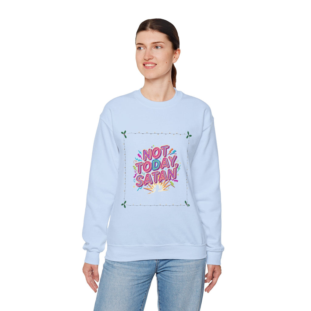 🔥 Not Today, Satan – Retro 90s Christian Sweatshirt | Neon Faith Tee | Funky Cartoon Devil | Bold Bible Verse Shirt | Uplifted Gear Printify