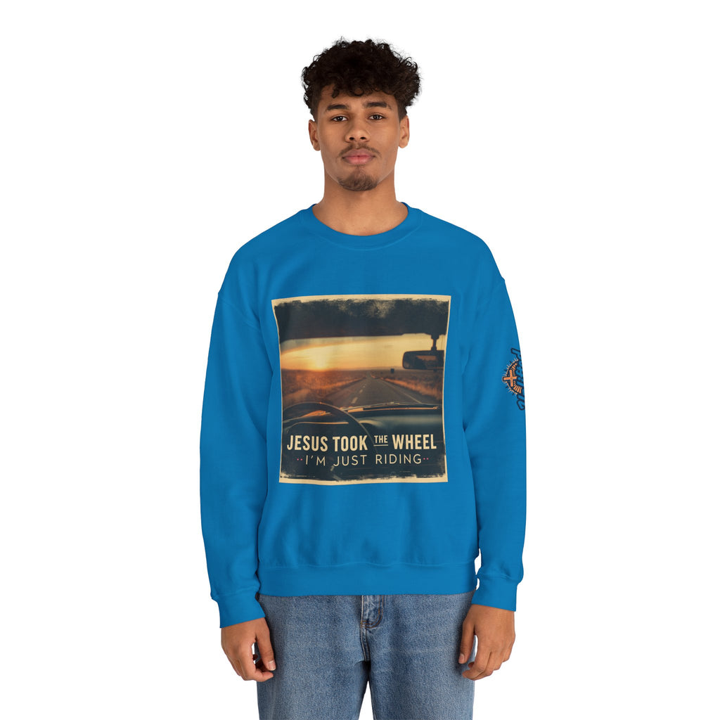 Jesus Took the Wheel I'm Just Riding Sweatshirt – Funny Christian Convertible Car Sweatshirt for Surrendered Faith & Humor