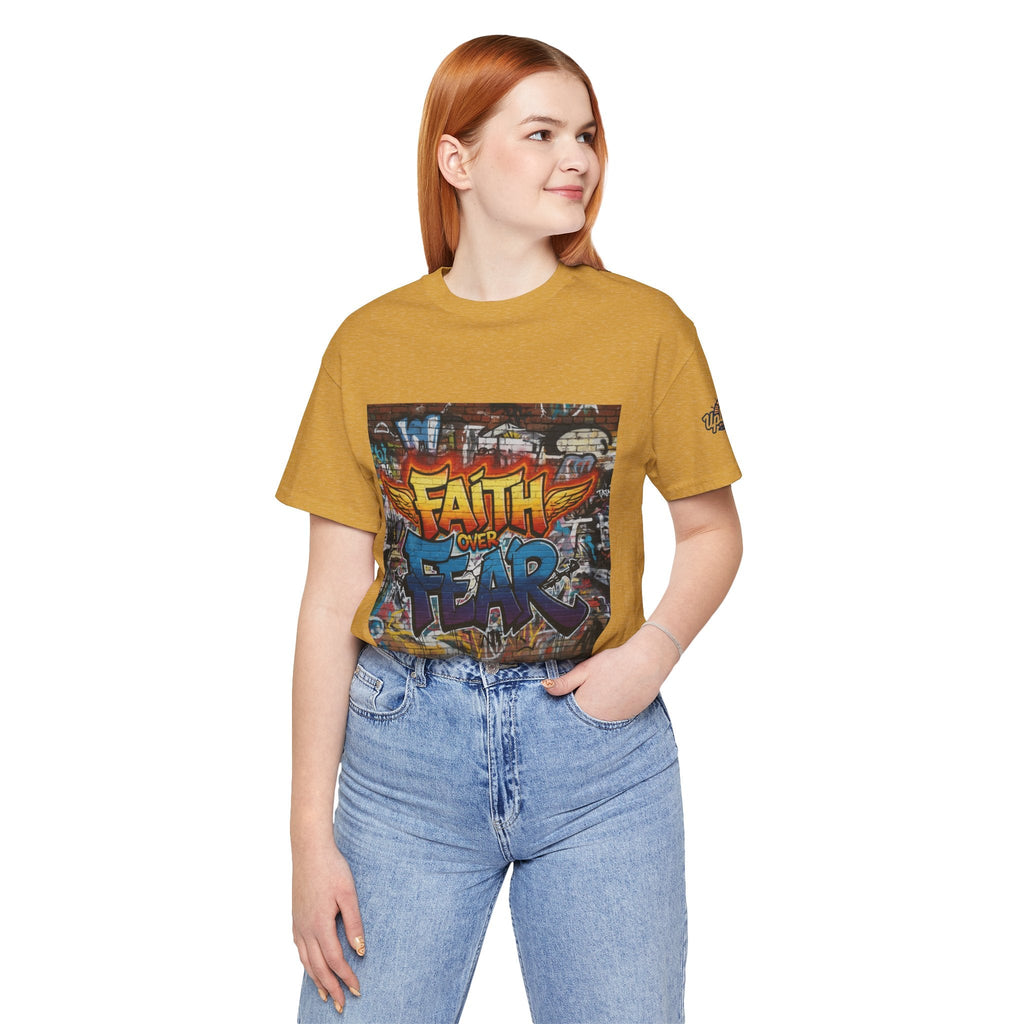 Faith Over Fear T-shirt – Graffiti Wall Christian T-shirt for Bold 2 Corinthians 5:7 Streetwear & Unshakable Faith Printify