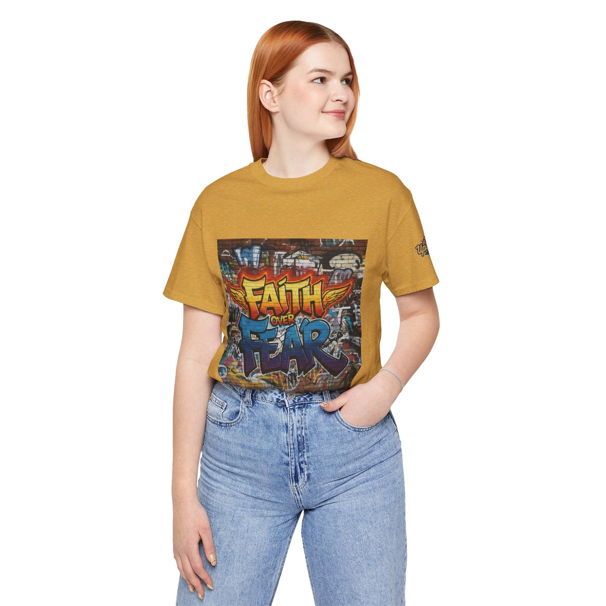 Faith Over Fear T-shirt – Graffiti Wall Christian T-shirt for Bold 2 Corinthians 5:7 Streetwear & Unshakable Faith Printify