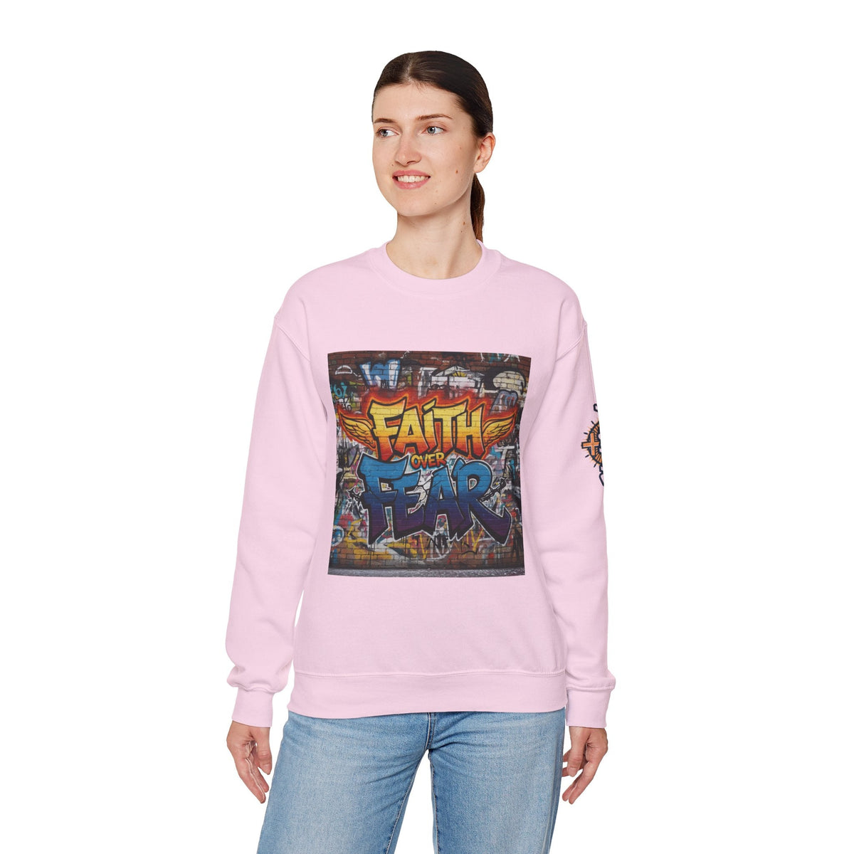 Faith Over Fear Sweatshirt – Graffiti Wall Christian Sweatshirt for Bold 2 Corinthians 5:7 Streetwear & Unshakable Faith Printify