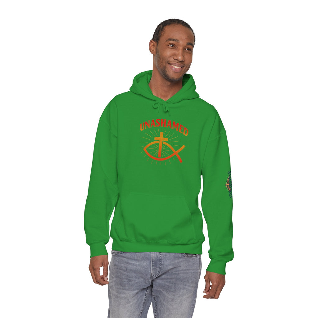 Unashamed Hoodie – Ichthys Jesus Fish & Cross Christian Sweatshirt for Romans 1:16 Bold Faith Printify