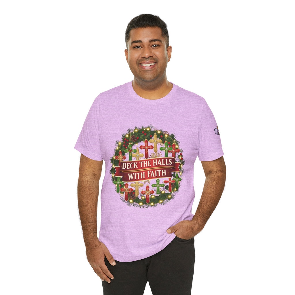 🎄 Deck the Halls with Faith – Christian Christmas T-Shirt | Cross Ornament Design & Festive Garland | Bold Holiday Faith Tee by Uplifted Gear Printify