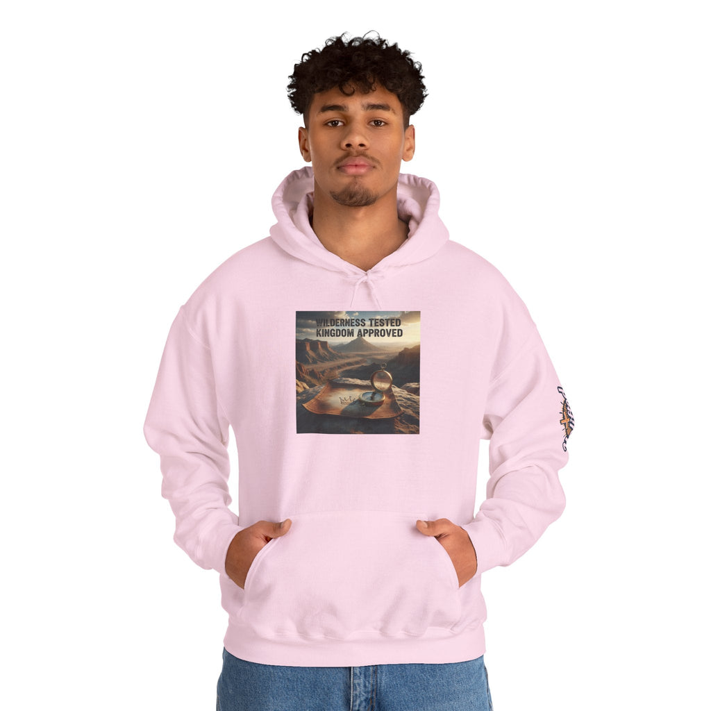 Wilderness Tested Kingdom Approved Hoodie – Mountain Desert Compass Crown Christian Sweatshirt for Biblical Adventure Faith Printify