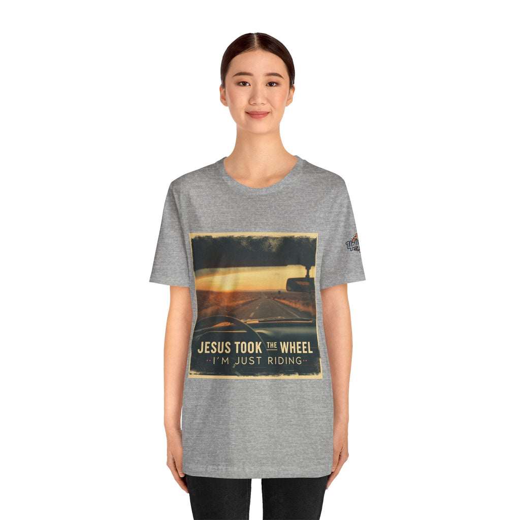Jesus Took the Wheel I'm Just Riding T-shirt – Funny Christian Convertible Car T-shirt for Surrendered Faith & Humor Printify