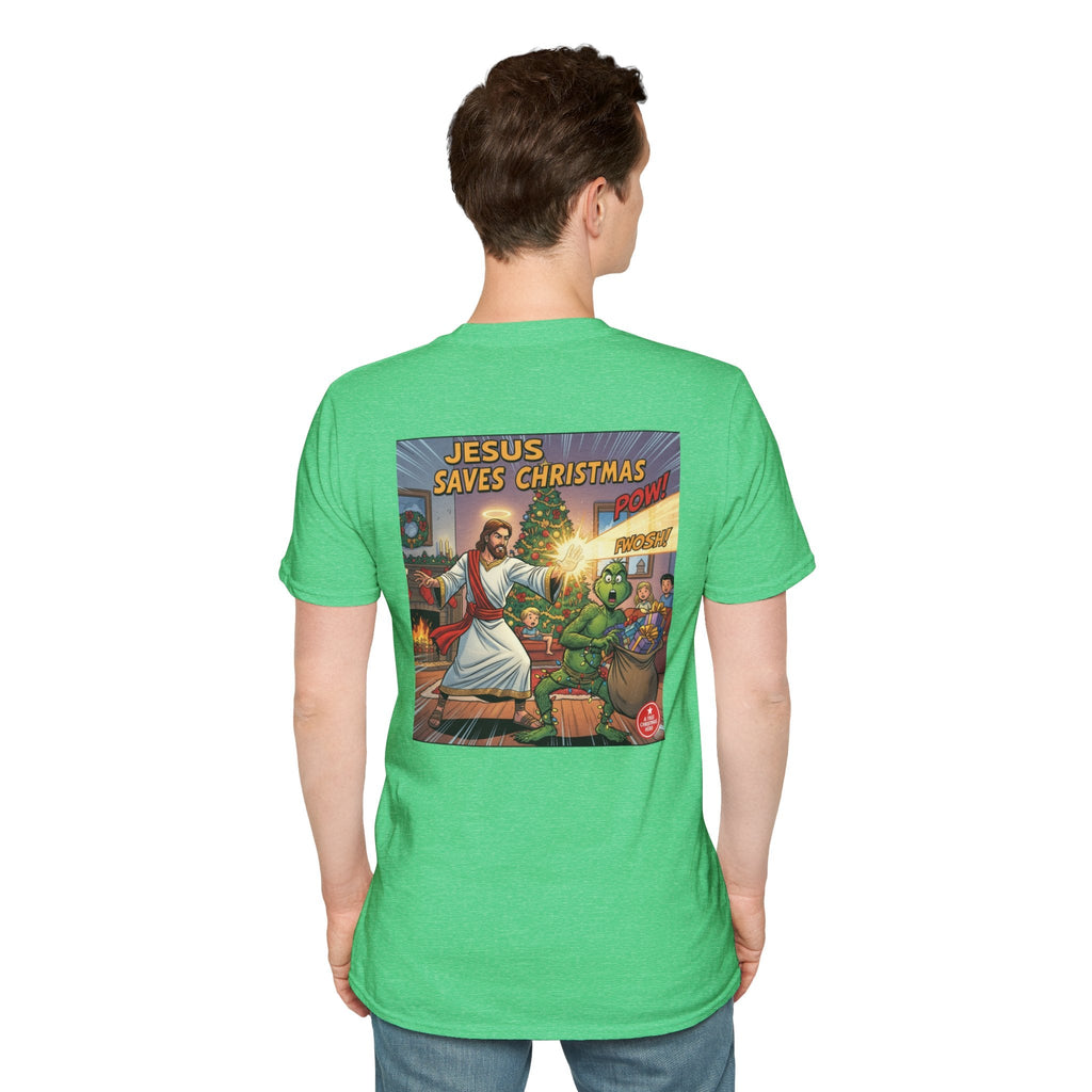 Jesus Saves Christmas T-shirt – Grinch vs Savior Light Battle Christian T-shirt for Hilarious Holiday Faith & True Joy Printify