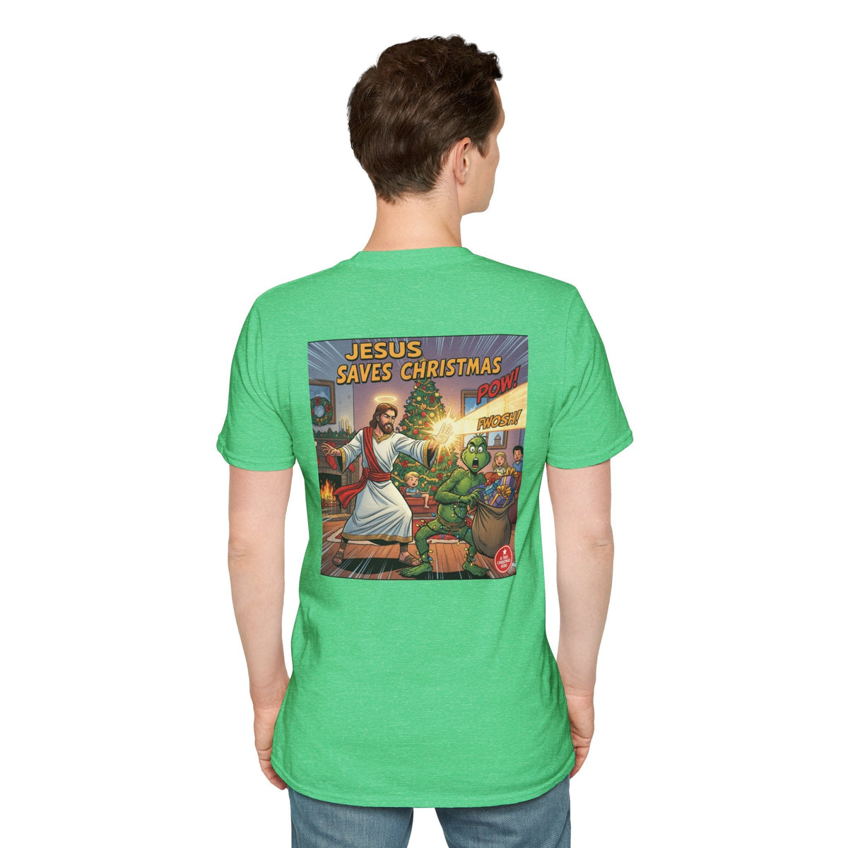 Jesus Saves Christmas T-shirt – Grinch vs Savior Light Battle Christian T-shirt for Hilarious Holiday Faith & True Joy Printify