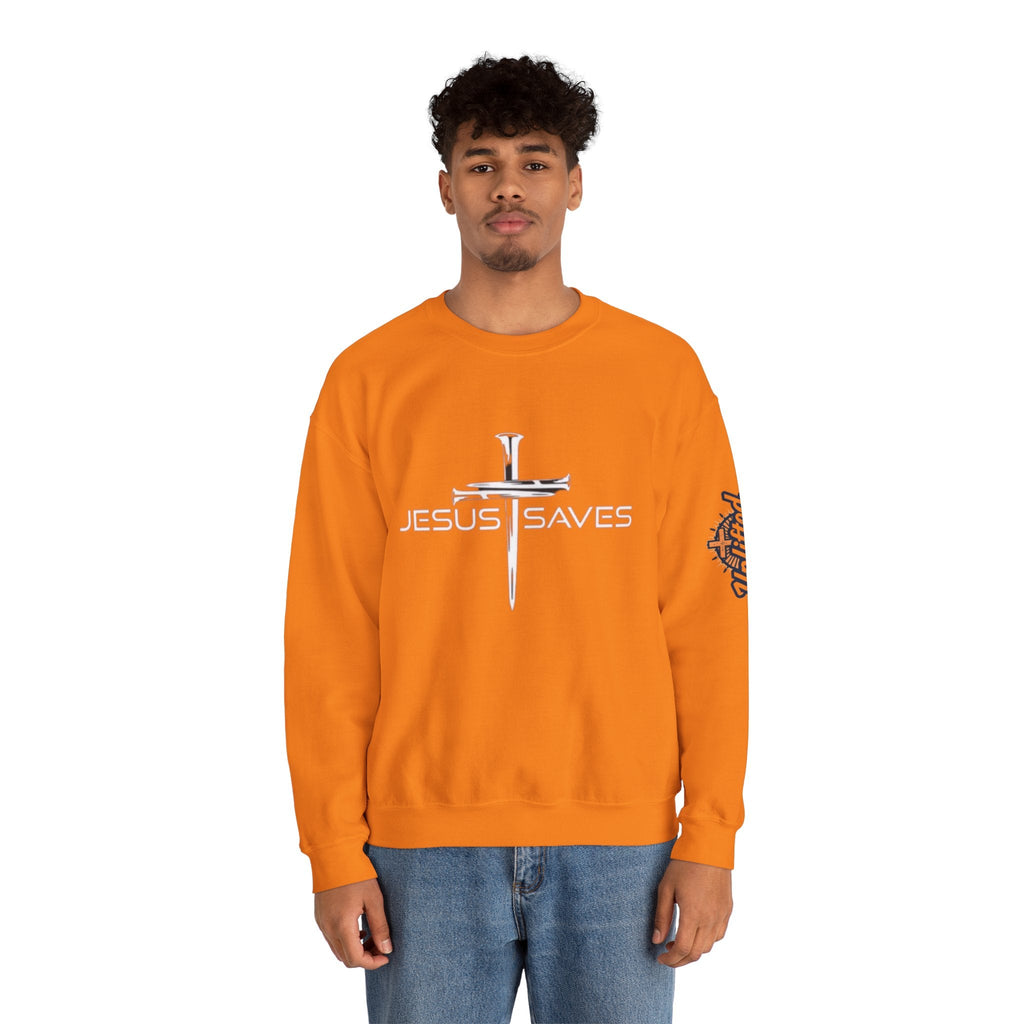 Jesus Saves Sweatshirt – 3 Nails Crucifix Cross Christian Sweatshirt for Redemption Faith & Bold Salvation Printify
