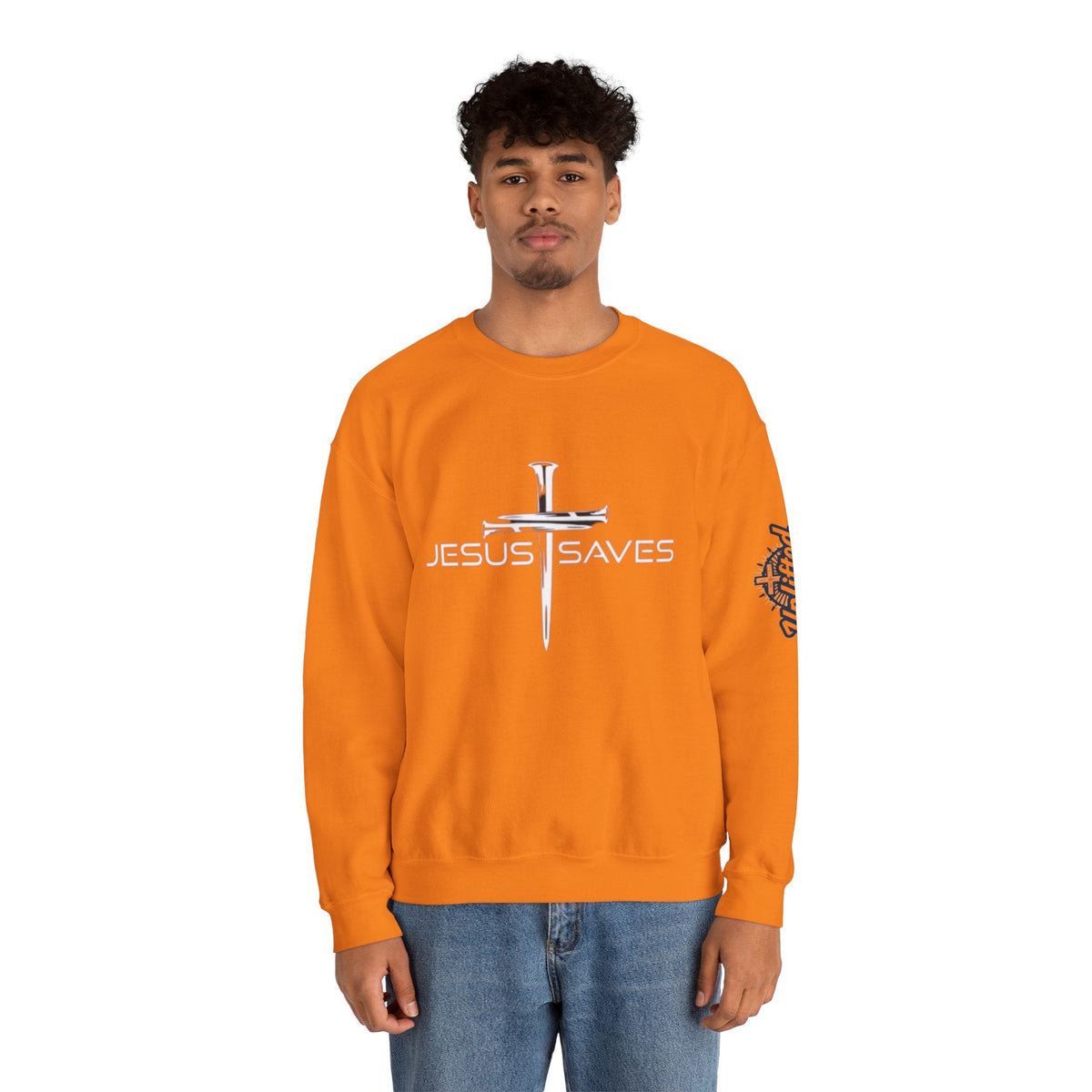 Jesus Saves Sweatshirt – 3 Nails Crucifix Cross Christian Sweatshirt for Redemption Faith & Bold Salvation Printify