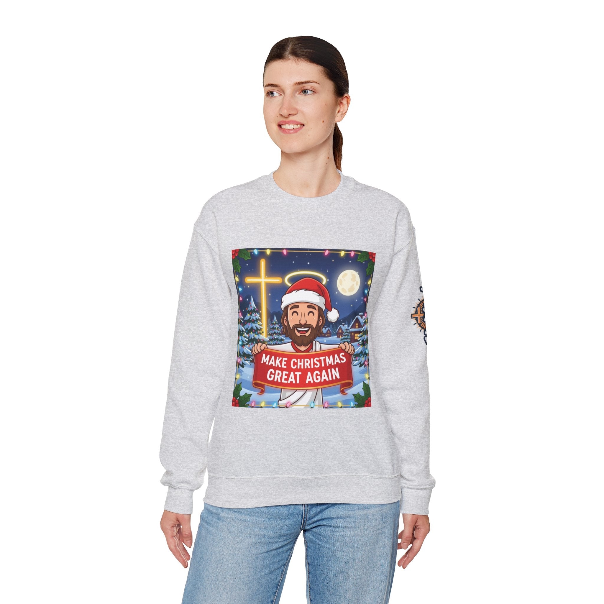🎄 Make Christmas Great Again – Funny Christian Sweatshirt | Jesus Holding Banner | Faith-Based Holiday Parody Tee | Uplifted Gear Printify