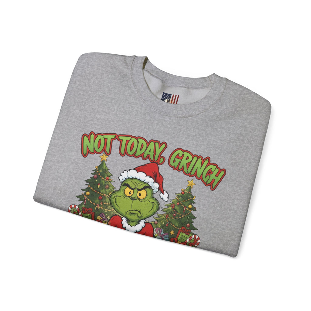 🎄 Not Today, Grinch – Jesus Saves | Funny Christian Christmas Sweatshirt | Sulking Grinch & Glowing Cross | Bold Neon Faith Tee by Uplifted Gear Printify