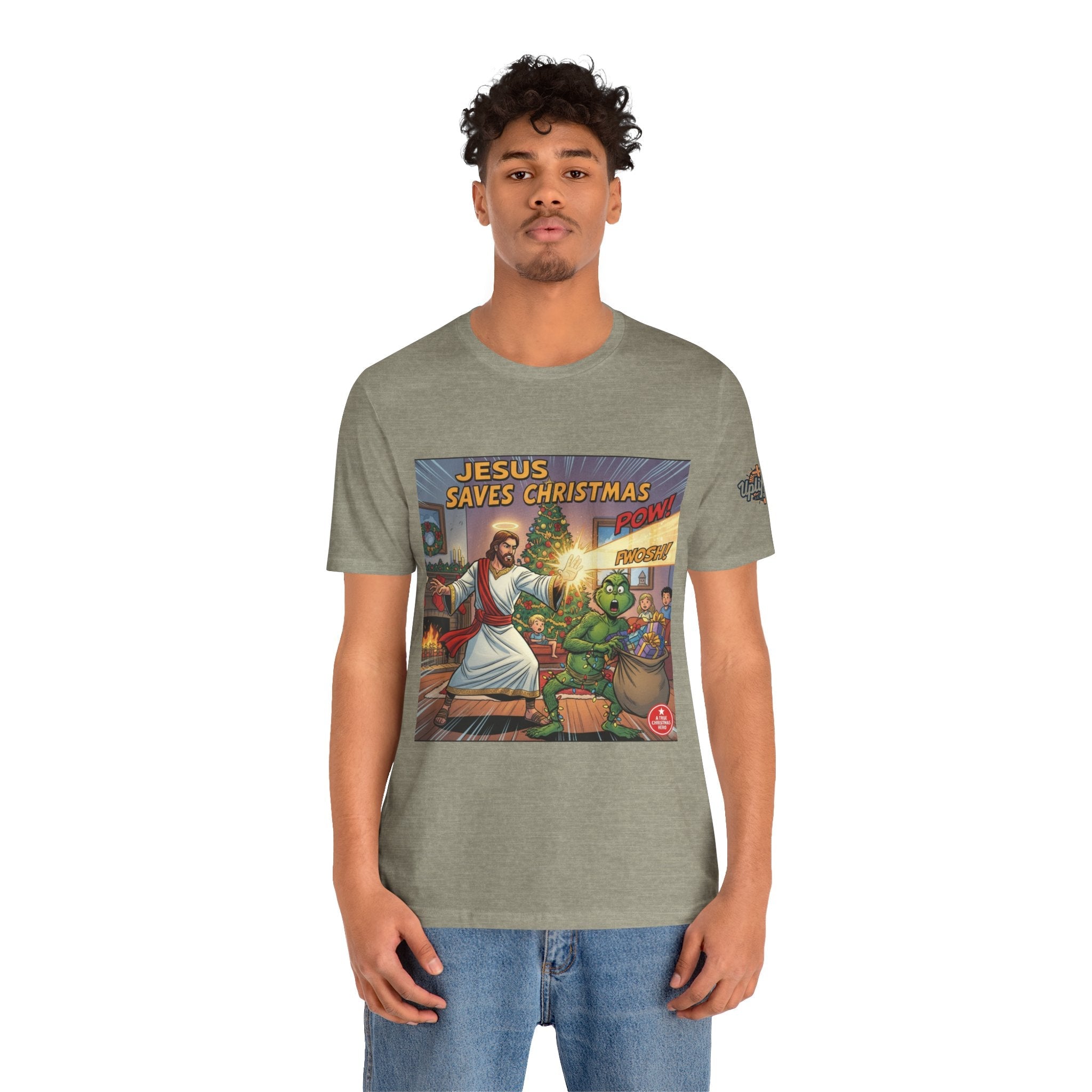 Jesus Saves Christmas T-shirt – Grinch vs Savior Light Battle Christian T-shirt for Hilarious Holiday Faith & True Joy Printify
