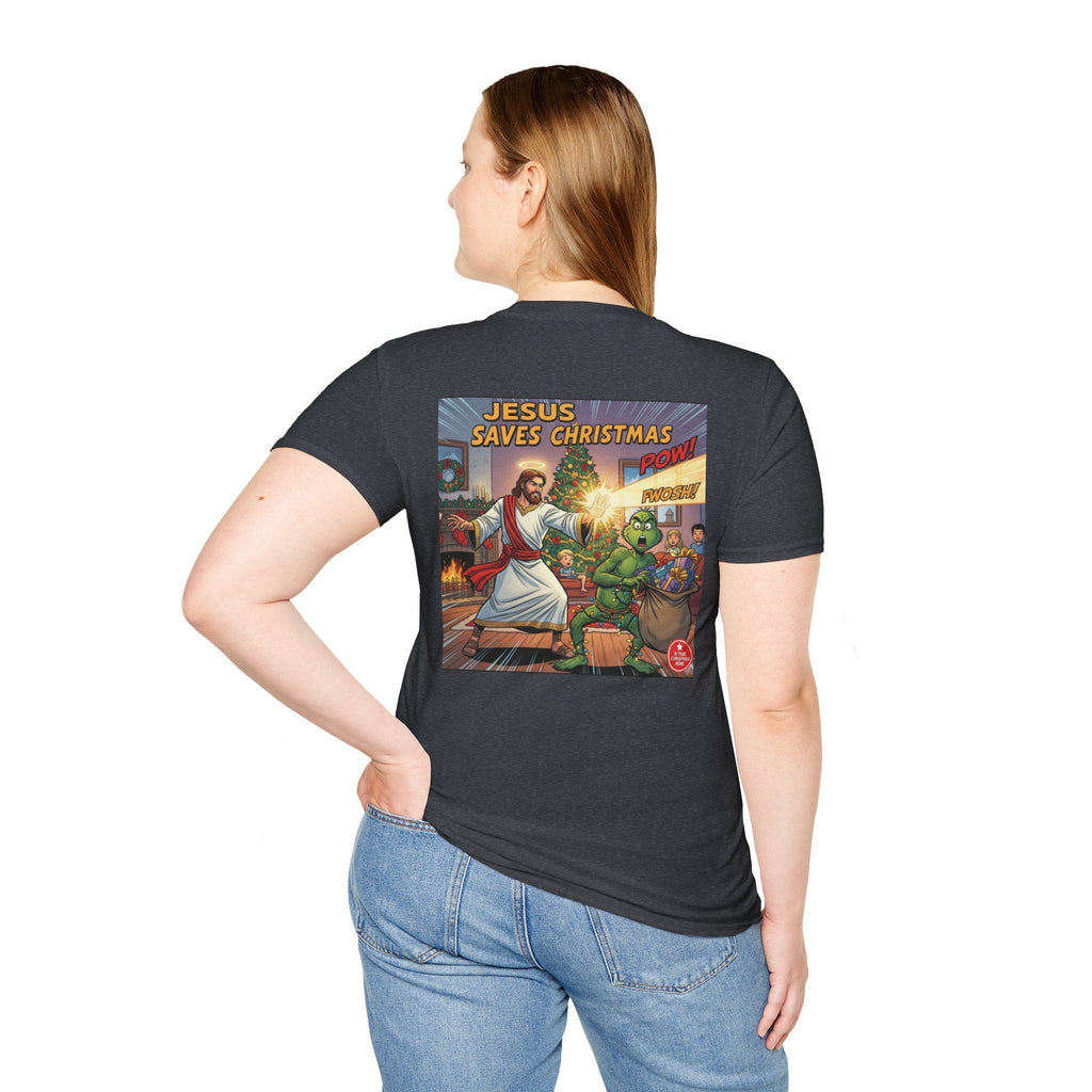 Jesus Saves Christmas T-shirt – Grinch vs Savior Light Battle Christian T-shirt for Hilarious Holiday Faith & True Joy Printify