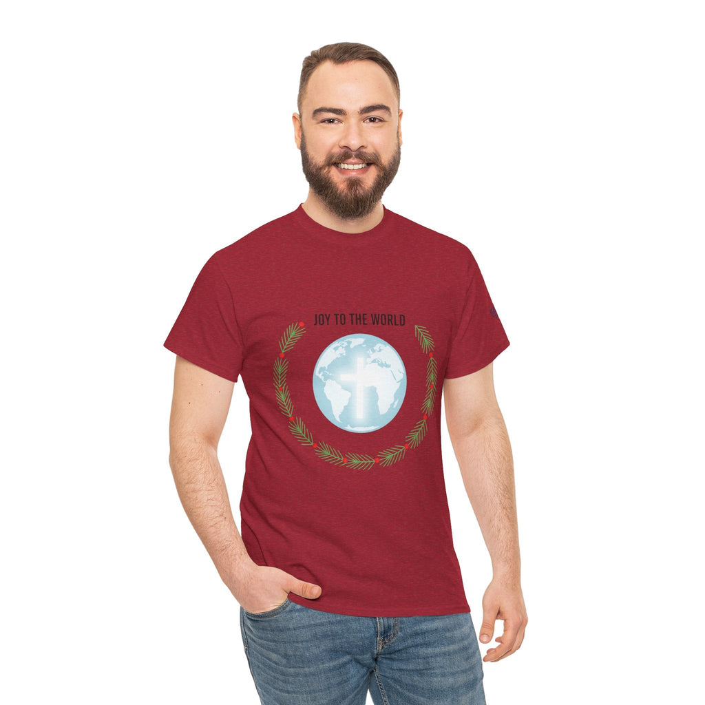 Joy to the World T-shirt – Wreath Earth Nativity Christian Christmas T-shirt for Isaiah 9:6 Holiday Faith & Festive Joy Printify