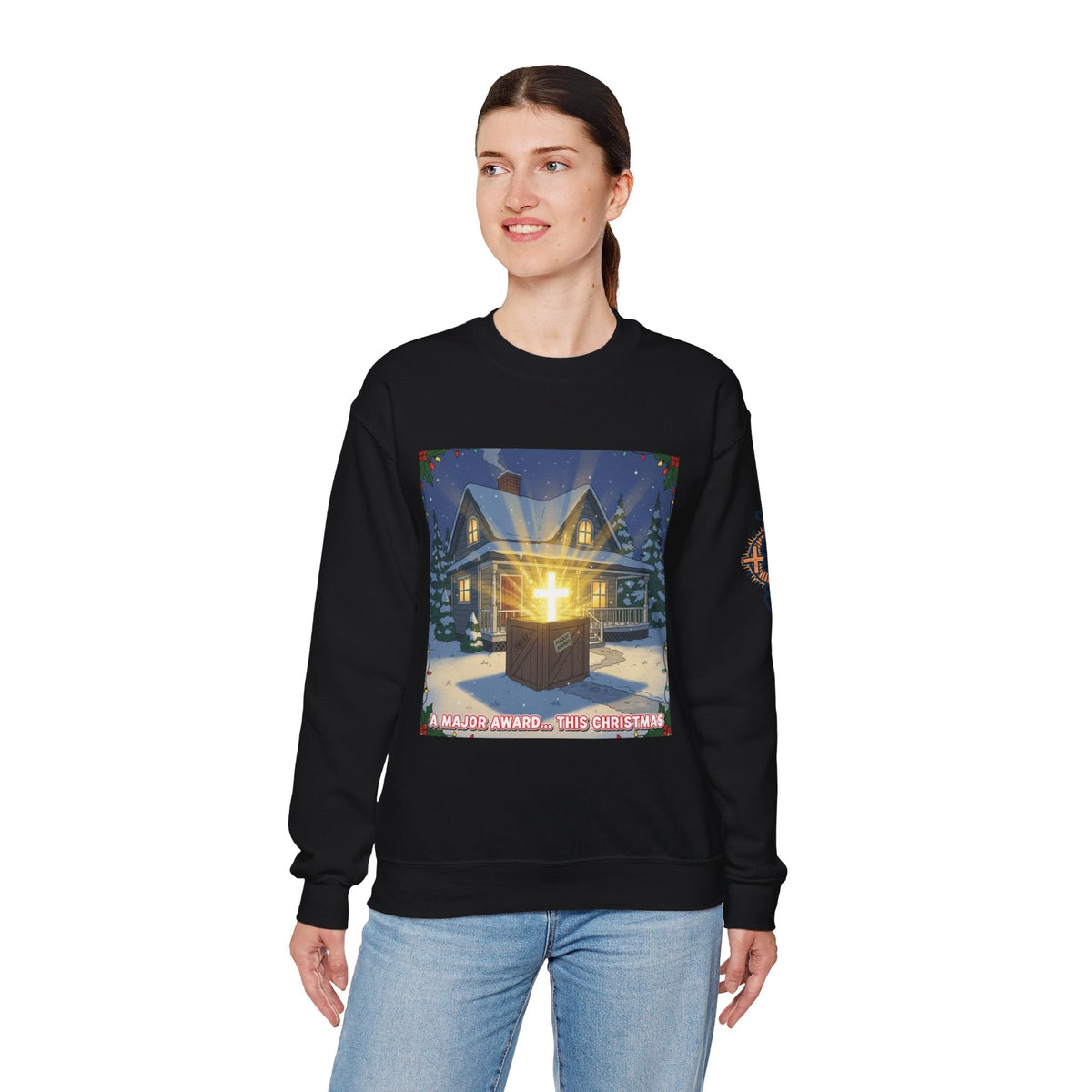 A Major Award This Christmas Sweatshirt – Fragile Leg Lamp Parody Cross Unboxing Christian Sweatshirt for Hilarious Faith & Holiday Glow Printify