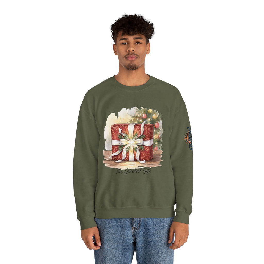 The Greatest Gift Sweatshirt – Cross Bow Present Christian Sweatshirt for Christmas Salvation & Eternal Faith Printify