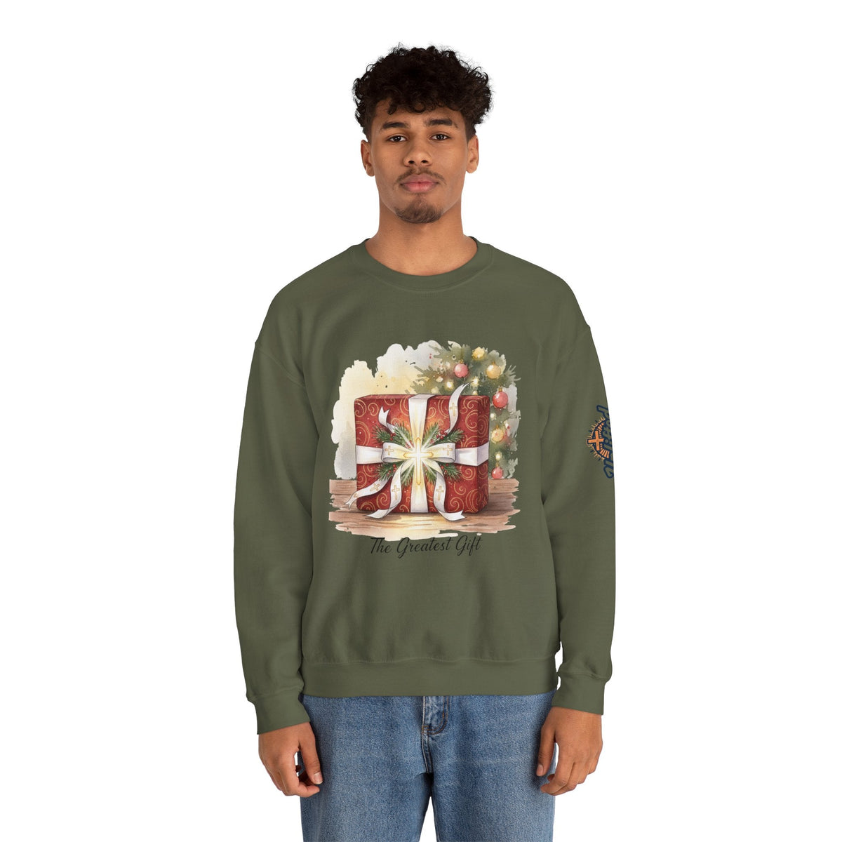 The Greatest Gift Sweatshirt – Cross Bow Present Christian Sweatshirt for Christmas Salvation & Eternal Faith Printify