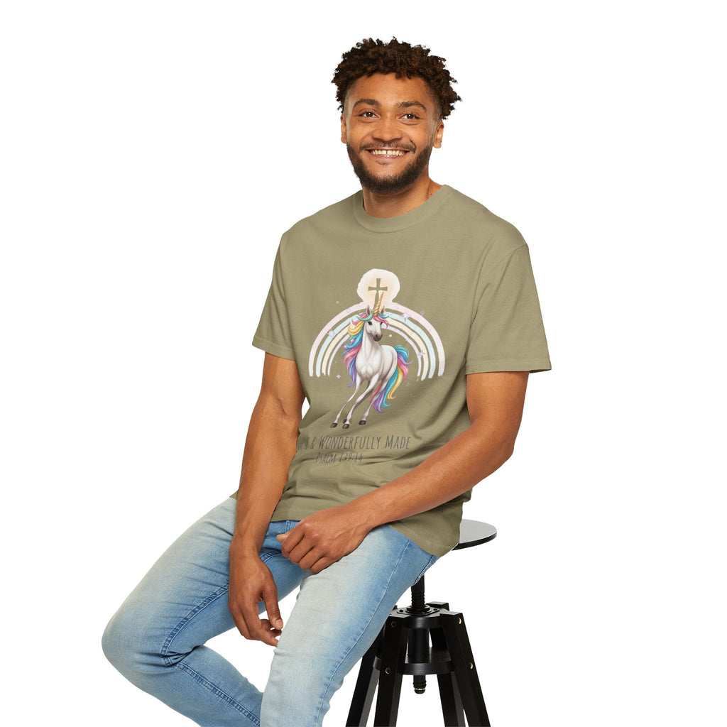 Unique Unicorn Christian T-Shirt – Wonderfully Made with Rainbow Cross & Psalm 139:14 Printify