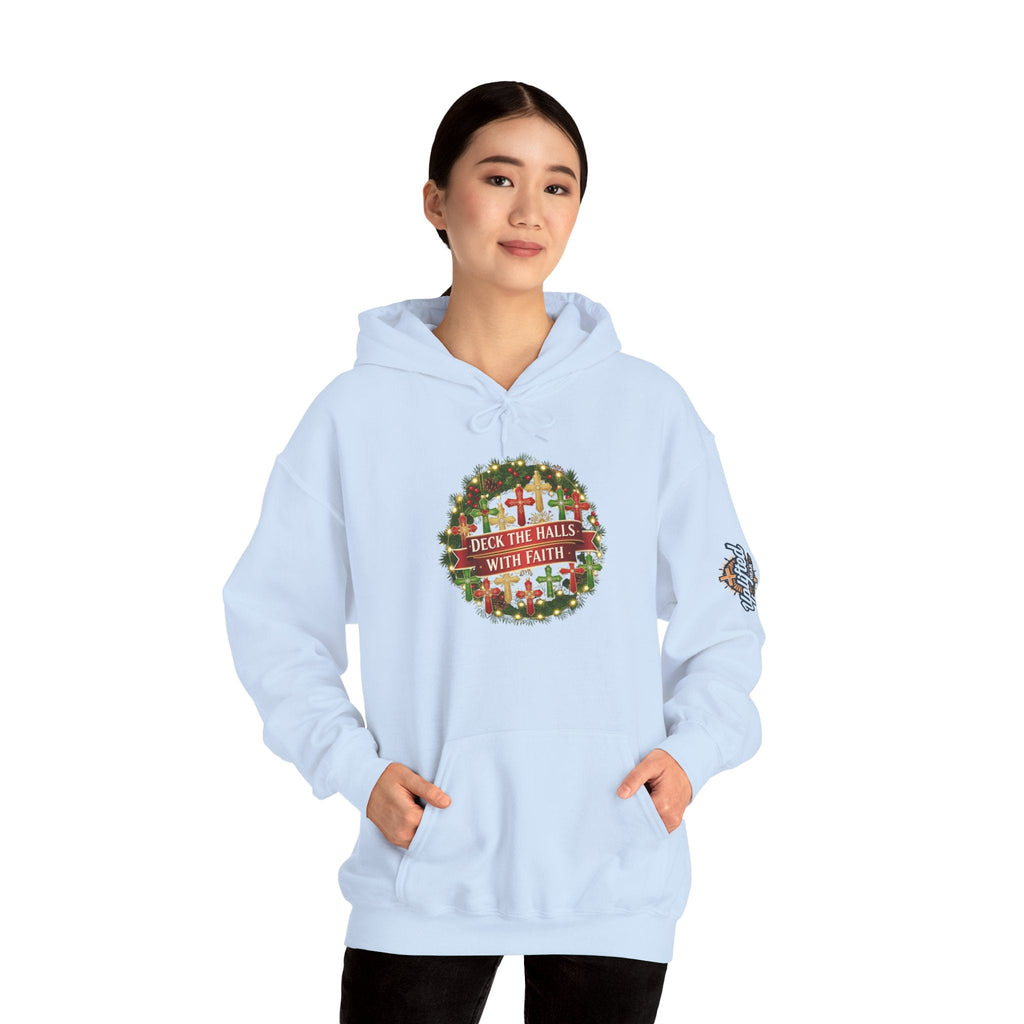 🎄 Deck the Halls with Faith – Christian Christmas Hoodie | Cross Ornament Design & Festive Garland | Bold Holiday Faith Tee by Uplifted Gear Printify