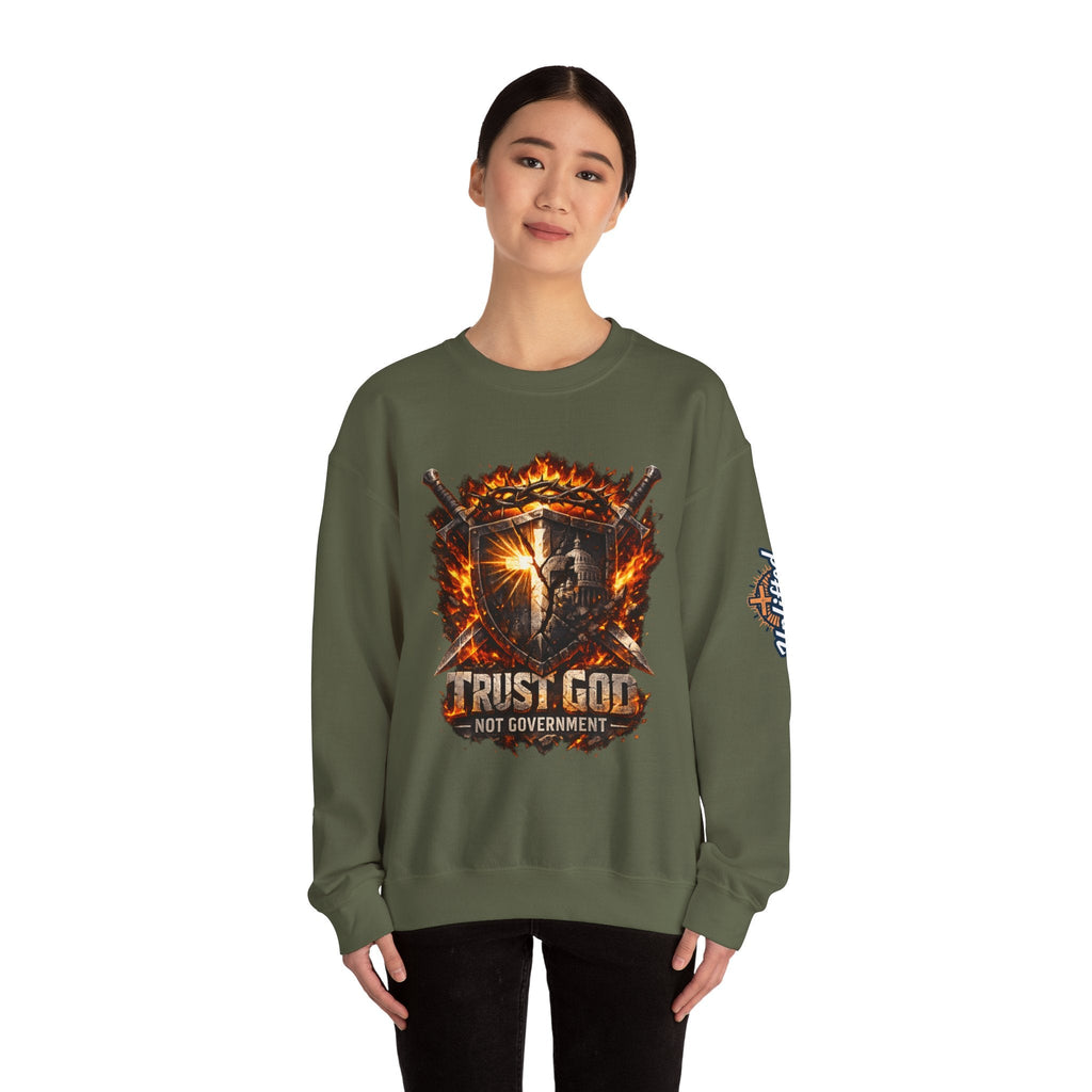 Trust God Not Government Shield Sweatshirt — Patriotic Christian Faith Sweatshirt Printify