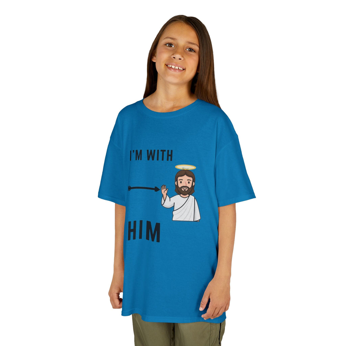 🔥 I’m With Him → Christian Kids T-Shirt | Arrow Pointing to Jesus | Minimalist Faith Tee | Subtle Cross Design | Bible-Inspired Apparel by Uplifted Gear Printify