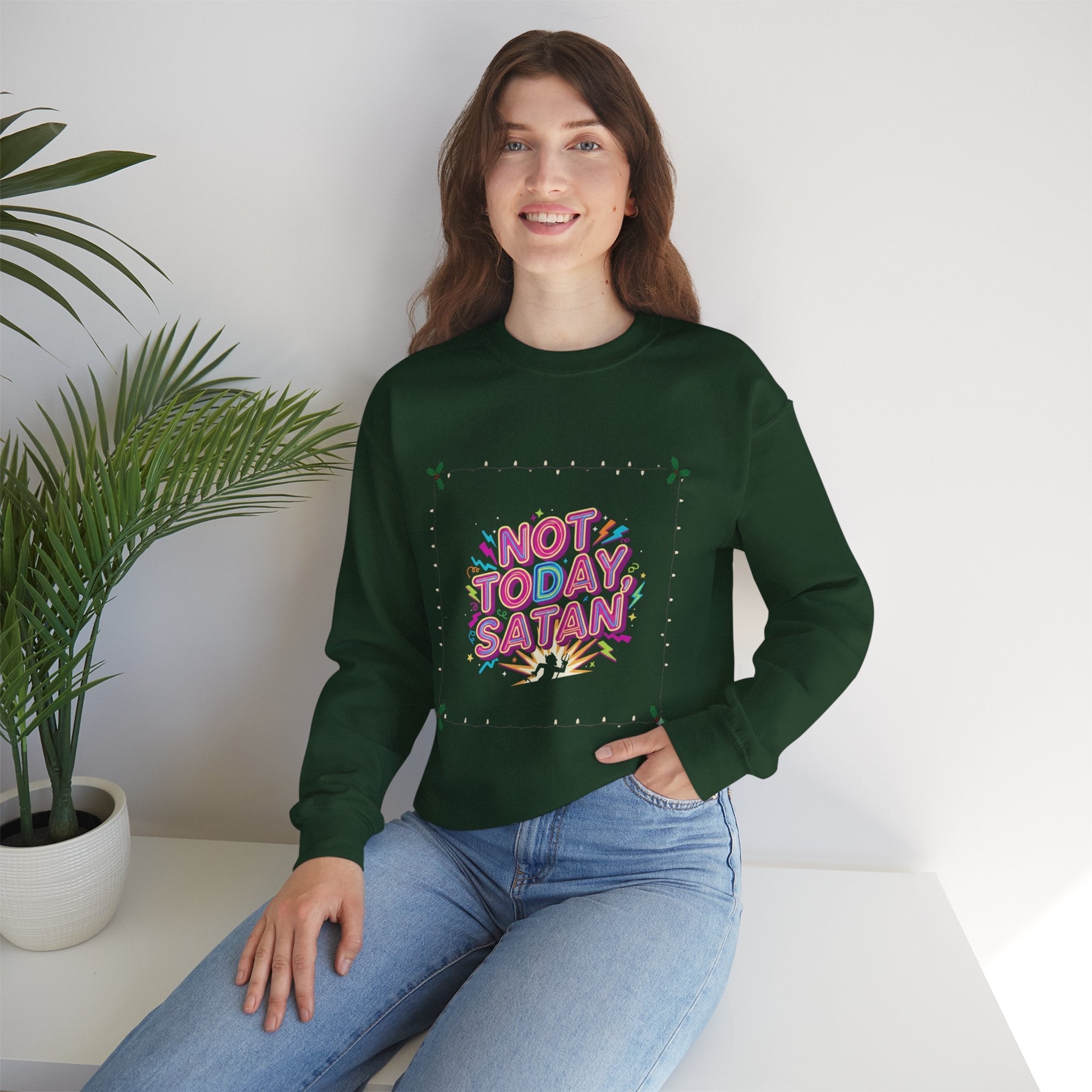 🔥 Not Today, Satan – Retro 90s Christian Sweatshirt | Neon Faith Tee | Funky Cartoon Devil | Bold Bible Verse Shirt | Uplifted Gear Printify