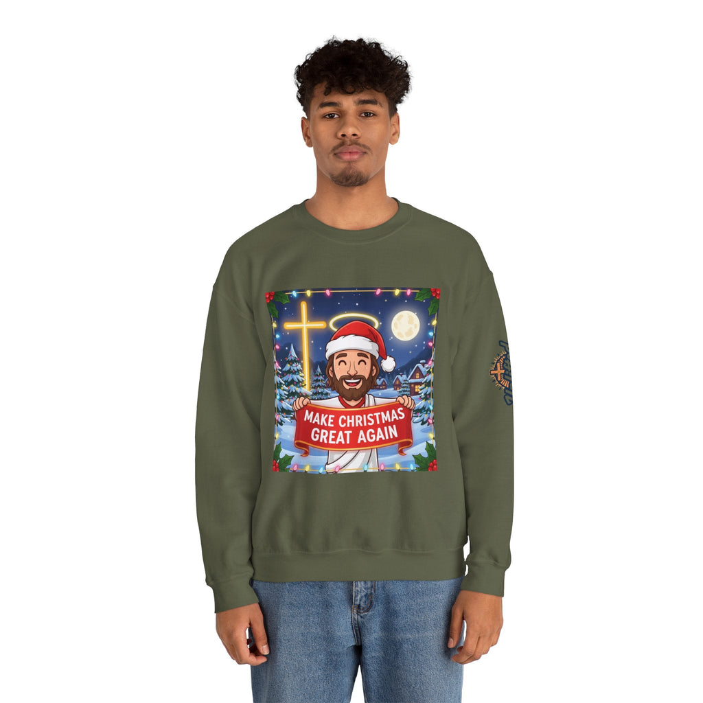 🎄 Make Christmas Great Again – Funny Christian Sweatshirt | Jesus Holding Banner | Faith-Based Holiday Parody Tee | Uplifted Gear Printify