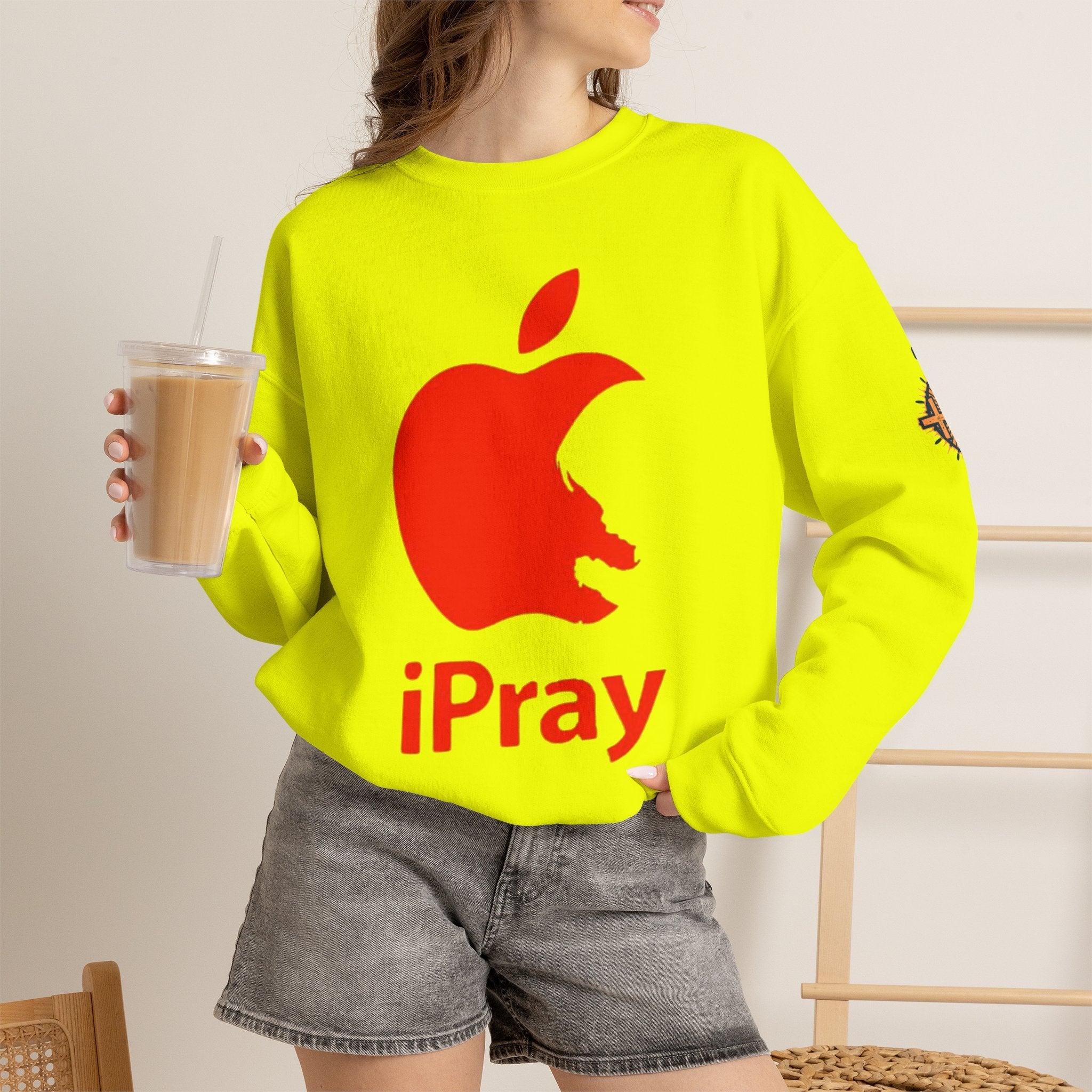 iPray Apple Logo Sweatshirt — Funny Christian Sweatshirt (Minimal Red Apple Graphic) Printify
