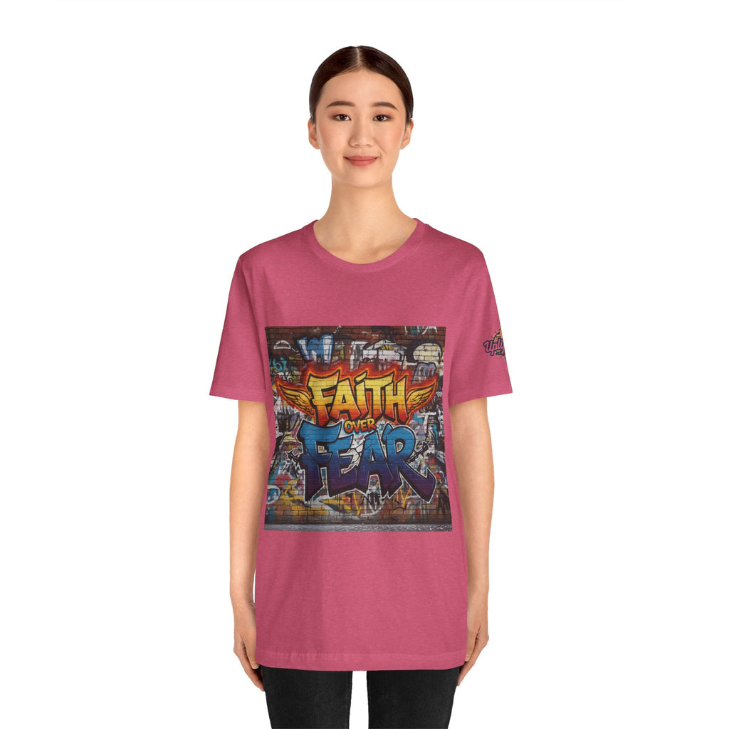Faith Over Fear T-shirt – Graffiti Wall Christian T-shirt for Bold 2 Corinthians 5:7 Streetwear & Unshakable Faith Printify