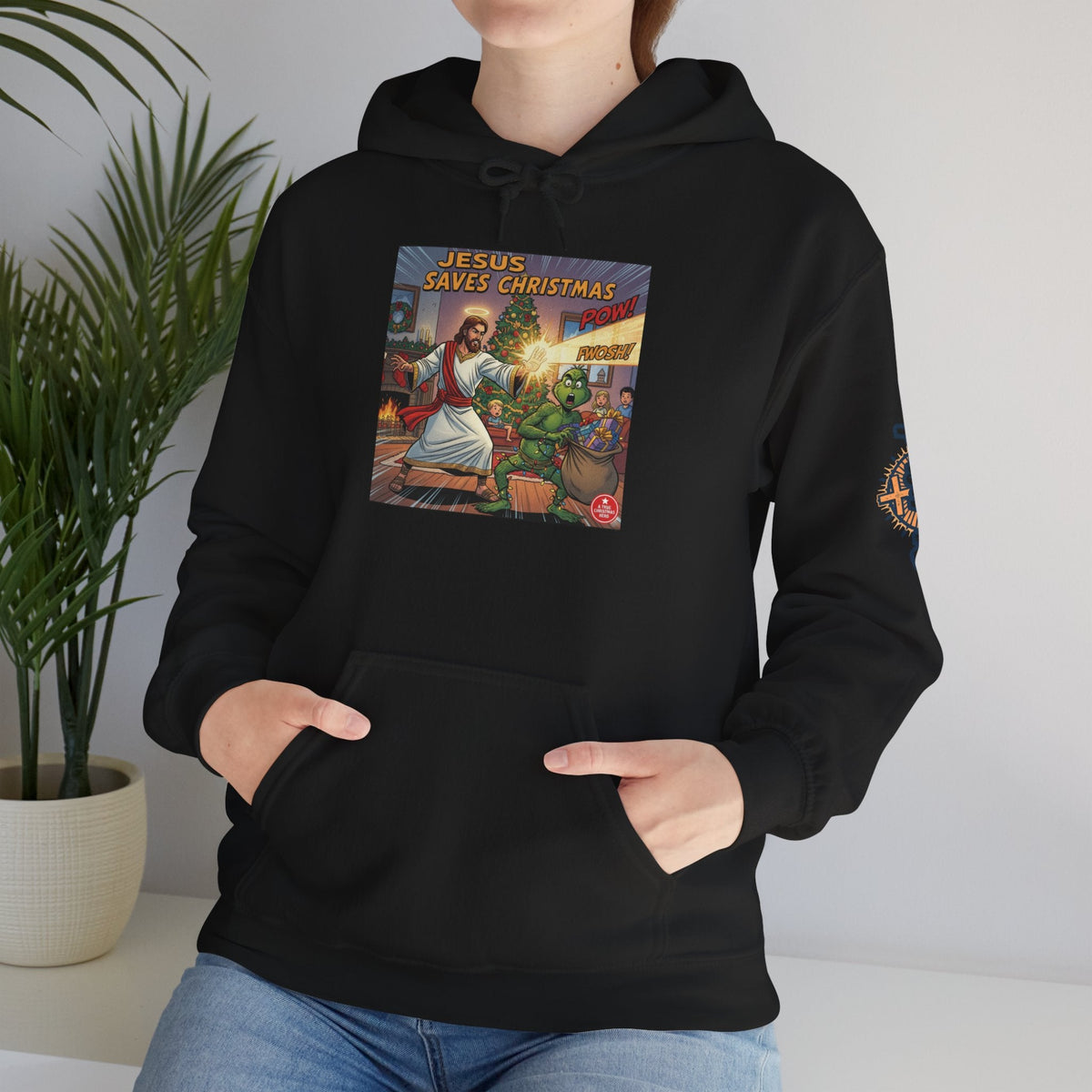 Jesus Saves Christmas Hoodie – Grinch vs Savior Light Battle Christian Sweatshirt for Hilarious Holiday Faith & True Joy Printify