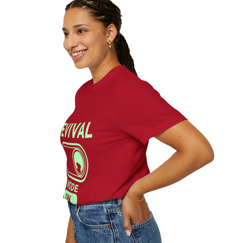 🔥 Revival Mode: ON – Christian Techwear T-Shirt | Glowing Green Faith Switch | Futuristic Jesus Shirt | Activate Your Spiritual Awakening | Uplifted Gear Printify