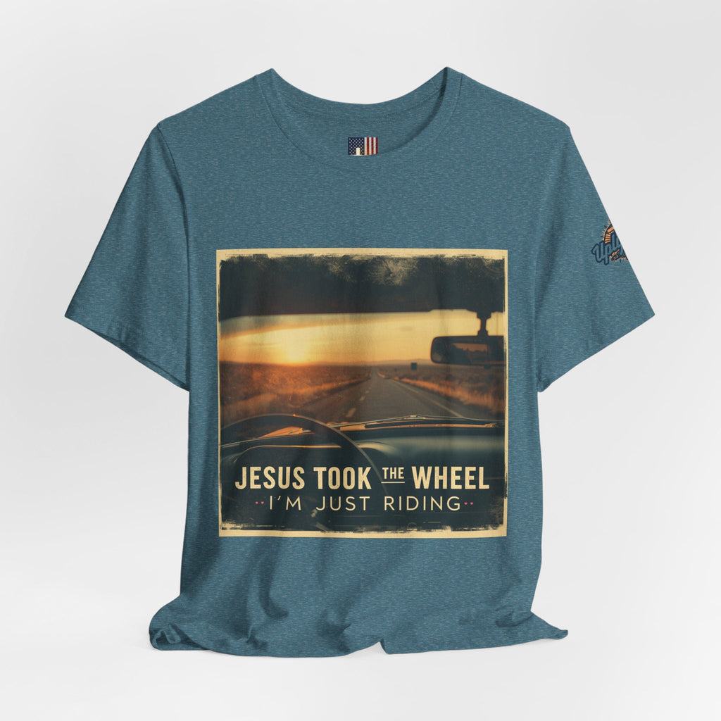 Jesus Took the Wheel I'm Just Riding T-shirt – Funny Christian Convertible Car T-shirt for Surrendered Faith & Humor Printify