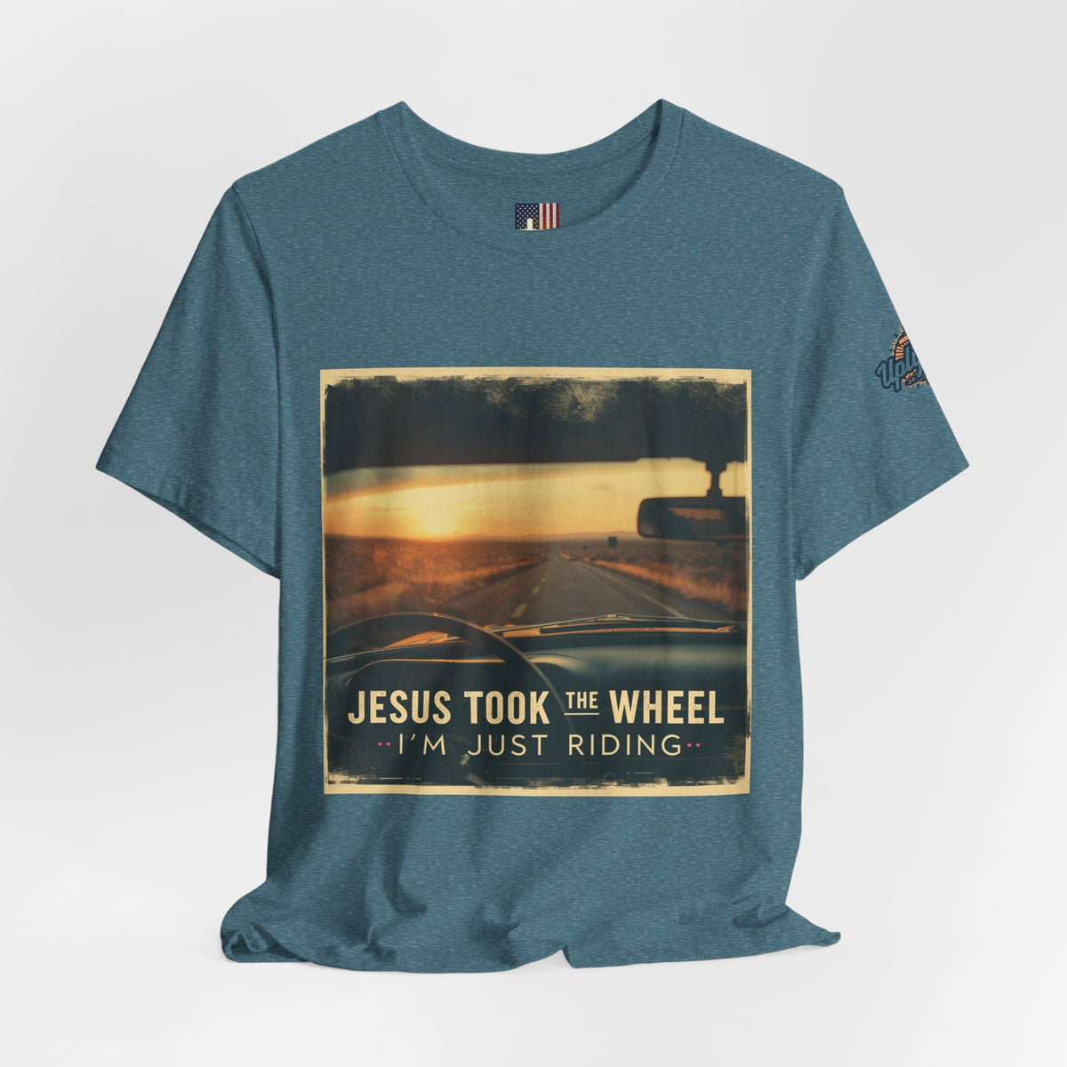 Jesus Took the Wheel I'm Just Riding T-shirt – Funny Christian Convertible Car T-shirt for Surrendered Faith & Humor Printify