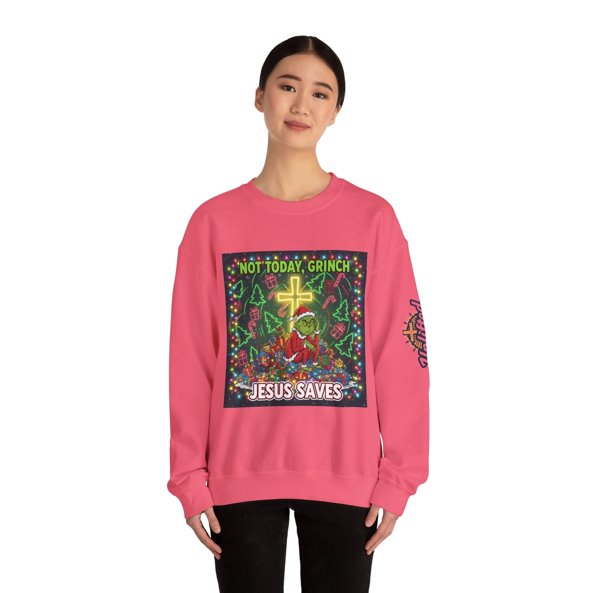 🎄 Not Today, Grinch – Jesus Saves | Funny Christian Christmas Sweatshirt | Festive Green & Red Cartoon Style | Bold Faith Holiday Tee by Uplifted Gear Printify